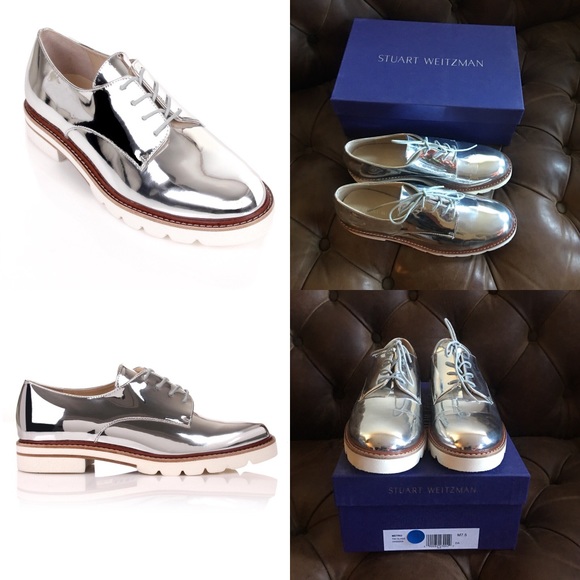 STUART WEITZMAN GLASS METRO METALLIC SILVER MIRROR BROGUES OXFORDS $645 - Picture 11 of 11